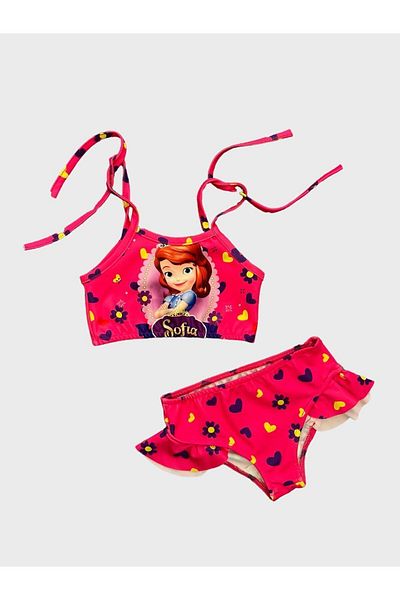 ALİŞ KİDS Pink Soffia Patterned Girl's Bikini Set - 3 Pieces, with Bag
