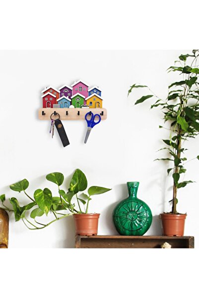 CajuArt Yanyana Renkli Evler Ahşap Dekoratif Duvar Askısı Anahtarlık Modern Dekor