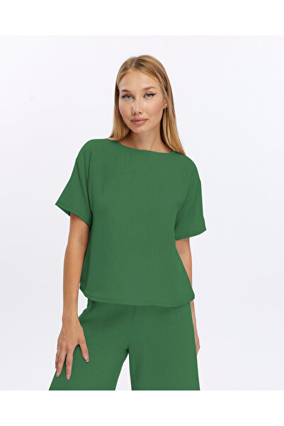 İkmal Oversize Tshirt ve Pantolon Kadın Bej Ikili Keten Takım