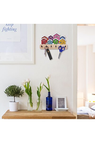 CajuArt Yanyana Renkli Evler Ahşap Dekoratif Duvar Askısı Anahtarlık Modern Dekor