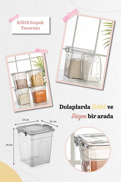 Meleni Home 4-Piece Mega Size Lockable Lid Flour and Bowl Storage Container - Erzak Container - Pantry Material Box 4x7 Lt