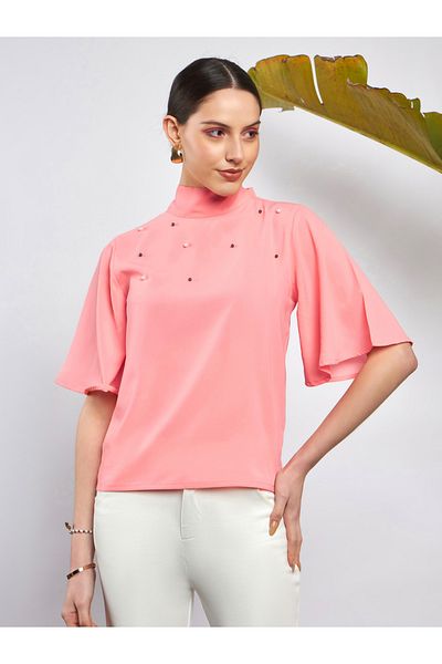 Sassafras By Styli Faux Pearl Detail High Neck Tie Up Back Top