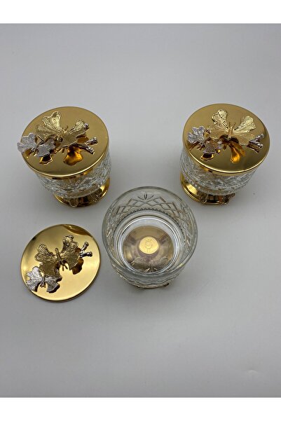 Fiyakalı Ürünler Atölyesi Gold Timeless Glass Magnolia 3-Piece Bowl - Butterfly Lid, Ice Cream and Sugar Bowl Snack Bowl
