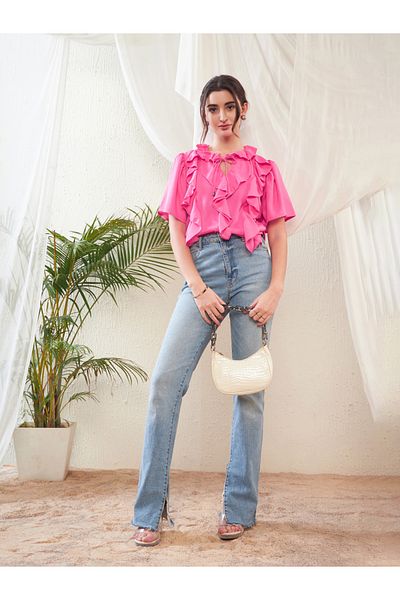 Sassafras By Styli Ruffle Detail Tie Up Neck Top with Bell Sleeves