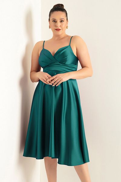 Lafaba Emerald Green Satin Midi - Plus Size Evening Dress with Rope Strap and Waist Belt