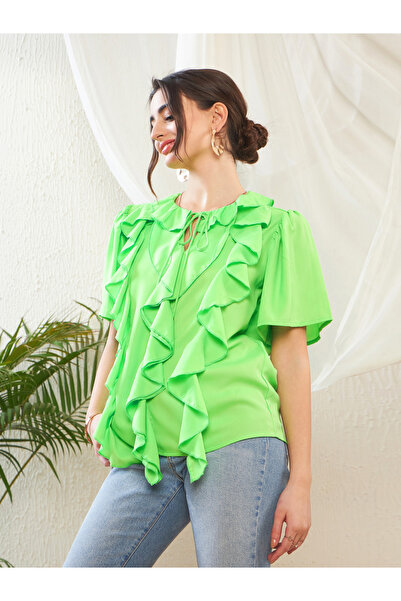 Sassafras By Styli Ruffle Detail Tie Up Neck Top with Bell Sleeves
