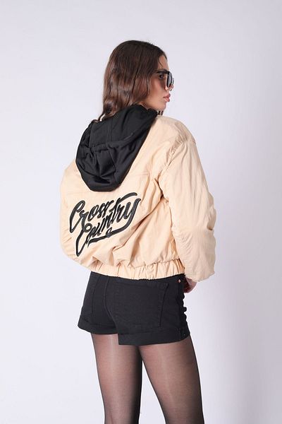 Yake Inflatable Lined Back Embroidered Hooded Short Beige Coat