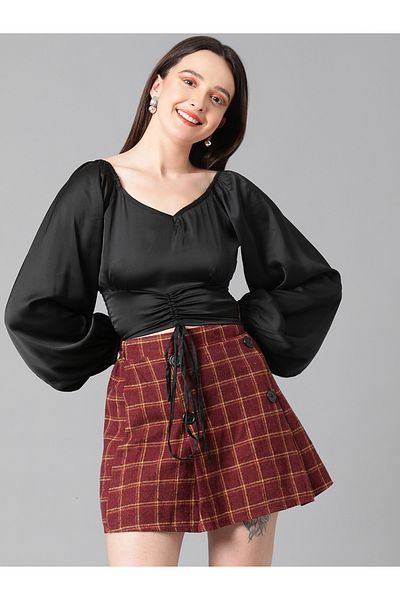 Kotty By Styli Satin Ruched Crop Top with Volume Sleeves