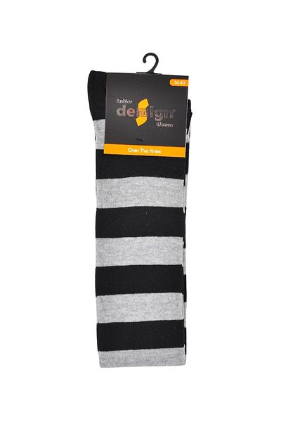 Design Socks Дамски черно-сиви памучни чорапи до коляното на райета - Дизайнерски чорапи