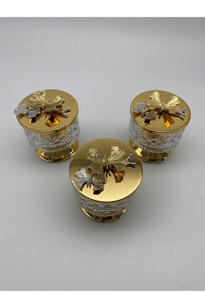 Fiyakalı Ürünler Atölyesi Gold Timeless Glass Magnolia 3-Piece Bowl - Butterfly Lid, Ice Cream and Sugar Bowl Snack Bowl