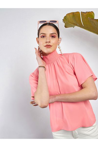 Sassafras By Styli Smocked High Neck Top with Short Sleeves