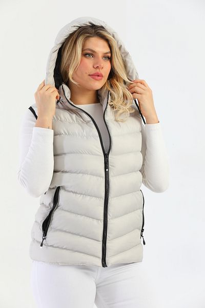 B.HE.Z Stone Color Women's Puffer Vest - Y20 Model, with Gel Padding, Detachable Zipper and Hood Pocket