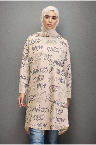 RESPİRO Beige Colored Text Patterned Lycra Relaxed Cut 4 Season Tunic