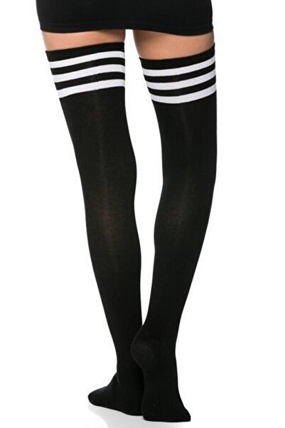 Design Socks Бели памучни високи чорапи с три ивици, черни - шарени чорапи