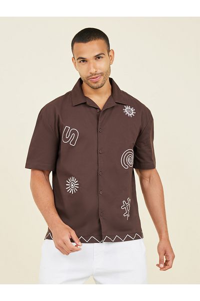 Styli Premium Cotton Slub Camp Collar Embroidered  Relaxed Shirt