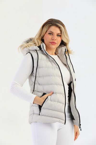 B.HE.Z Stone Color Women's Puffer Vest - Y20 Model, with Gel Padding, Detachable Zipper and Hood Pocket