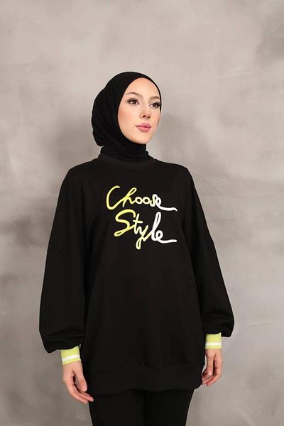 mimi moda Hijab Tracksuit Set - Embroidered, Oversize, 2 Thread Lycra Black