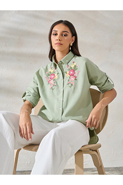 Styli Embroidered Yoke Oversized Shirt with Roll-Up Sleeves