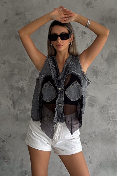 FEMELLE Anthracite Women's Denim Vest - Pockets and Mesh Detail