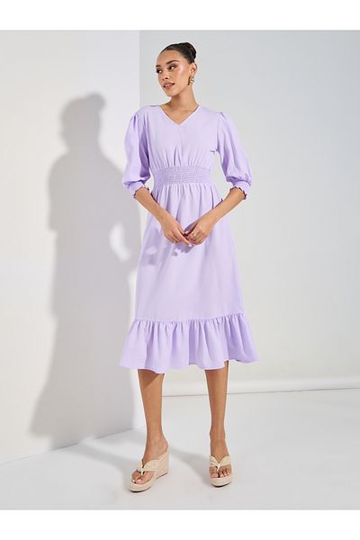 Styli Textured V Neck A-Line Midi Dress