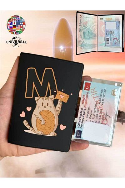 Cekuonline Letter M Patterned Leather Passport Cover with Cat Smooth Surface Suitable for All Country Passports