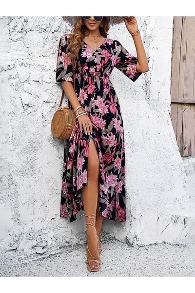 DY By Styli Floral Print Button Detail Midi Dress