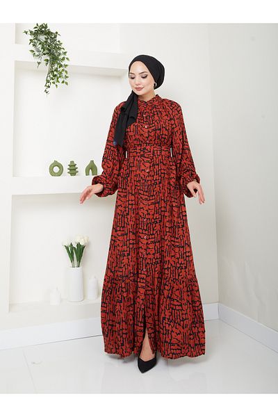 VOLT CLOTHİNG Gemustertes Hijab-Kleid – Damen, vorherrschender Kragen, Taillengürtel