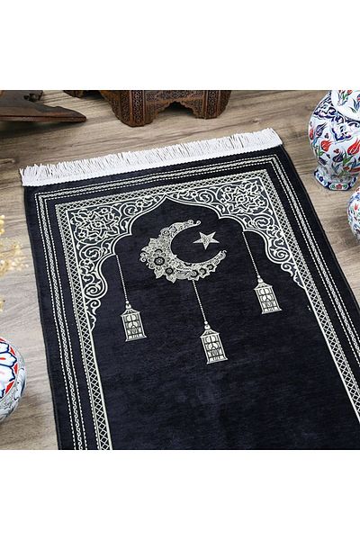Asyabayrak Black Chenille Prayer Rug - Ramadan Kerim