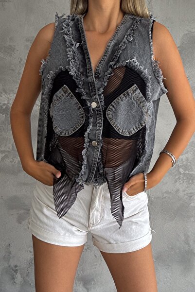 FEMELLE Anthracite Women's Denim Vest - Pockets and Mesh Detail
