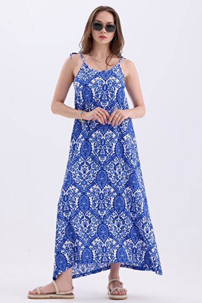 MD trend Ethnic Patterned Asymmetrical Cut Summer Dress - Women's Strappy Tie-Up