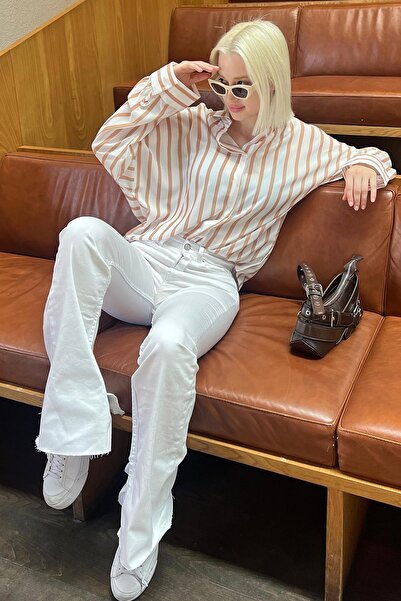 Madmext Mad Girls Kahverengi Çizgili Gömlek Mg1383