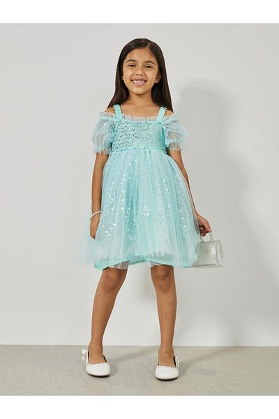 Styli Sequined Cold Shoulder Sleeves Mesh Dress