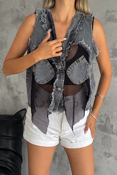FEMELLE Anthracite Women's Denim Vest - Pockets and Mesh Detail