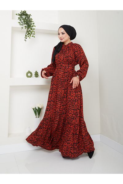 VOLT CLOTHİNG Gemustertes Hijab-Kleid – Damen, vorherrschender Kragen, Taillengürtel
