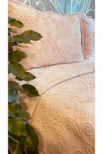 Decamor home Nakış Detaylı Pudra Pembe Yatak Örtüsü Seti Çift Kişilik Pike Takımı