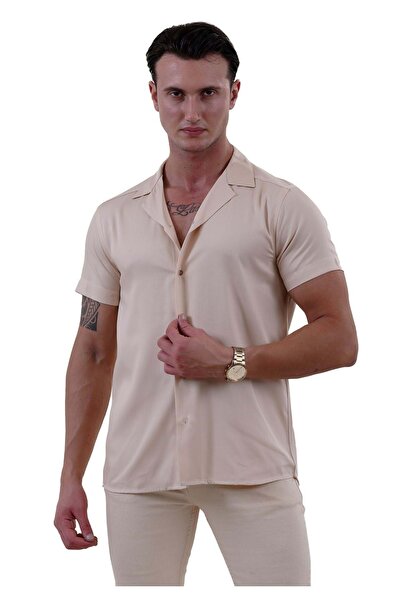 Exve Exclusive Μπεζ Viscose Breathable - Χαβάης κοντομάνικο καλοκαιρινό πουκάμισο, άνετη εφαρμογή