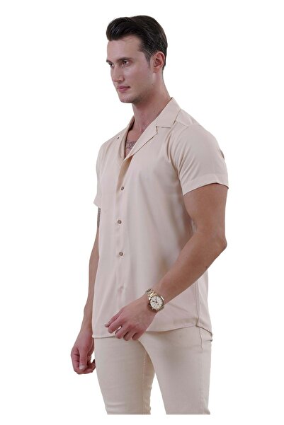 Exve Exclusive Μπεζ Viscose Breathable - Χαβάης κοντομάνικο καλοκαιρινό πουκάμισο, άνετη εφαρμογή