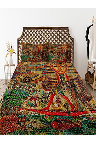 Else Halı Etnik Otantik Mısır  Desenli Baskılı Dekoratif Yatak Örtüsü Çift Kişilik Yastıklı Pike Takımı