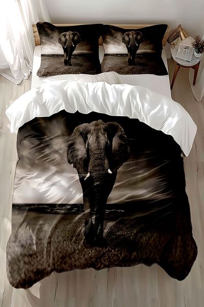 Else Halı Double Gray Cotton Satin Duvet Cover Set - Elephants Patterned and Printed