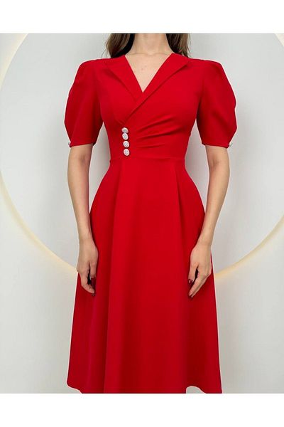 EMAYS DESIGN Red Double-breasted Collar Stone Button Detailed Draped Midi Stylish Dress