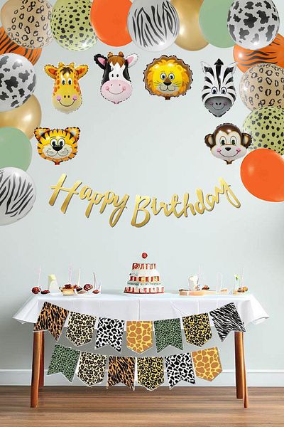 PEKSHOP Safari Birthday Party Set Balloon Chain Streamer Set Animal Head Balloons