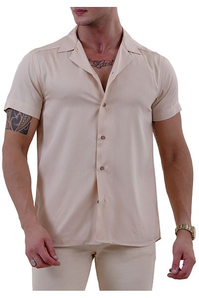 Exve Exclusive Μπεζ Viscose Breathable - Χαβάης κοντομάνικο καλοκαιρινό πουκάμισο, άνετη εφαρμογή