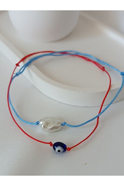 La fee aksesuar 2'li Halhal Set Nazar Boncuk Inci Aparatsız Kararmayan Kırmız...