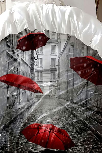 Else Halı Gray-Red Umbrella Pattern - Printed Cotton Satin Double Duvet Cover Set