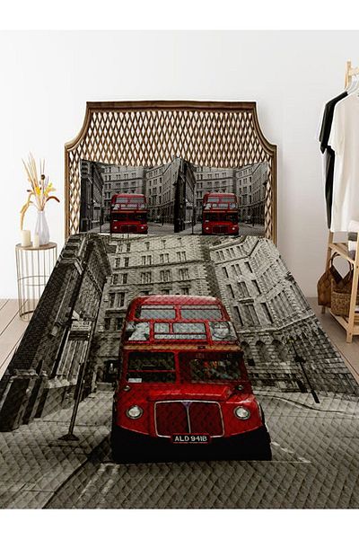 Else Halı Bus Patterned Red Double Pillowed Pique Set