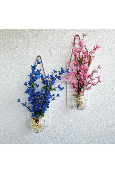 STDEKOR Led Işıklı, Pembe ve Mavi Sakura Çiçekli Duvar Dekoru Beyaz İkili Set