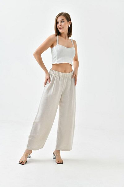 MVStore Women's Elastic Waist Wide Leg Comfortable Fit Linen Trousers