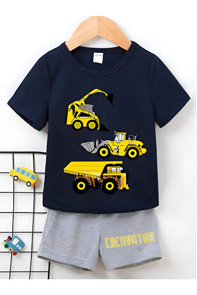 BEETON Excavator Baskılı Çocuk Lacivert T-Shirt- Gri Şort Takım - Çocuk Yazlı...