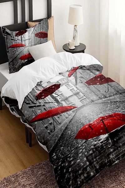 Else Halı Gray and Red Umbrella Patterned - Printed Cotton Satin Children's Bedding Set