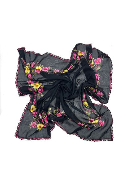 nazipek Pamuklu %100 Pamuklu Siyah Kroşeta Oyalı Eşarp Ortası Boş Makedon Yaz...